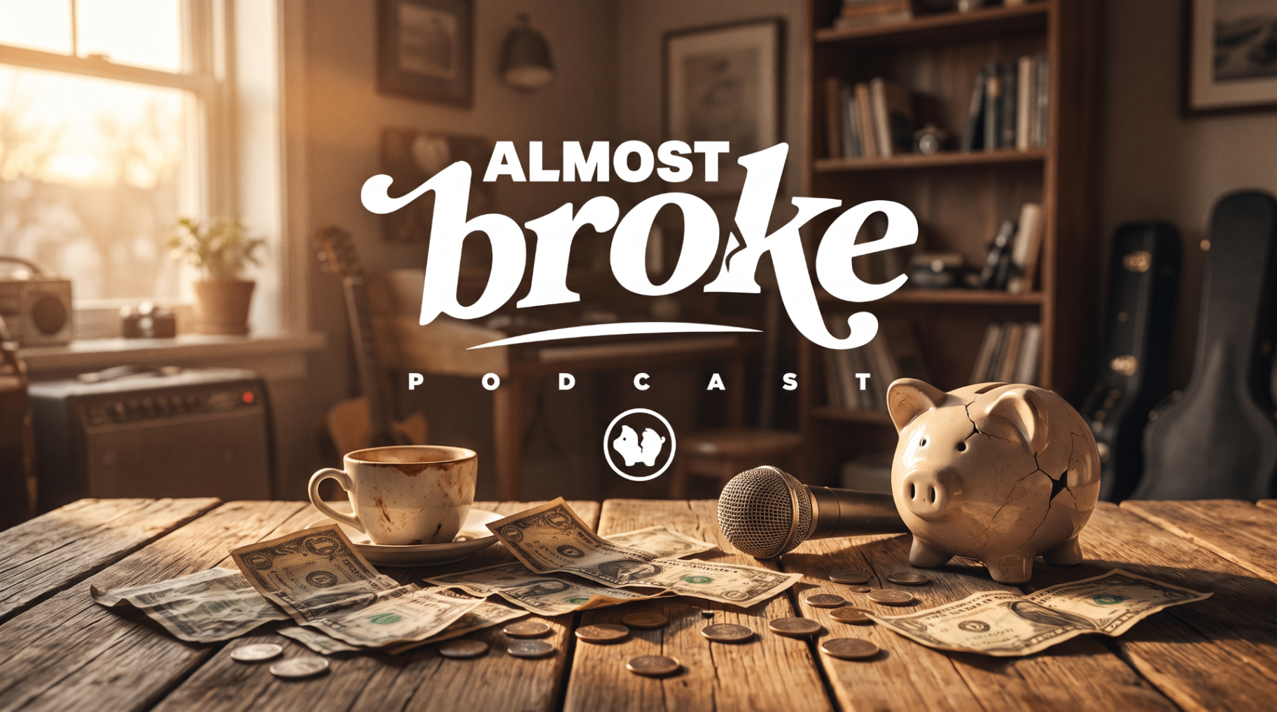 Almost Broke podcast , a piggy bank, microphone, coffee, and scattered cash on a warm wooden table