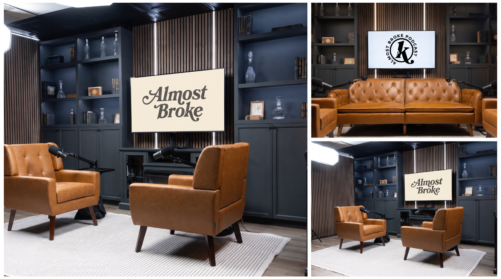Details of the Almost Broke studio, mics, chairs, and the branded screen