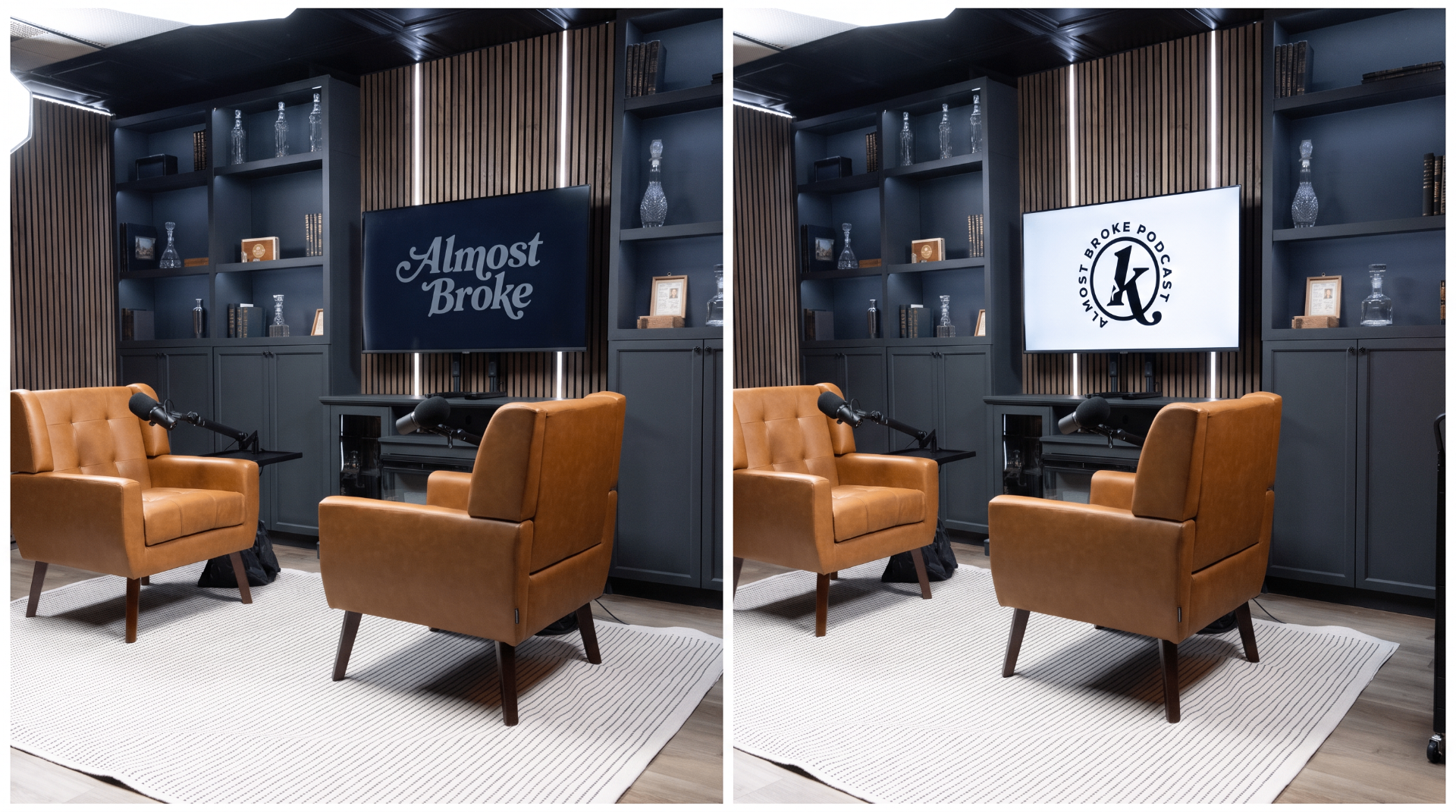 Two tan leather armchairs facing each other on the Almost Broke set